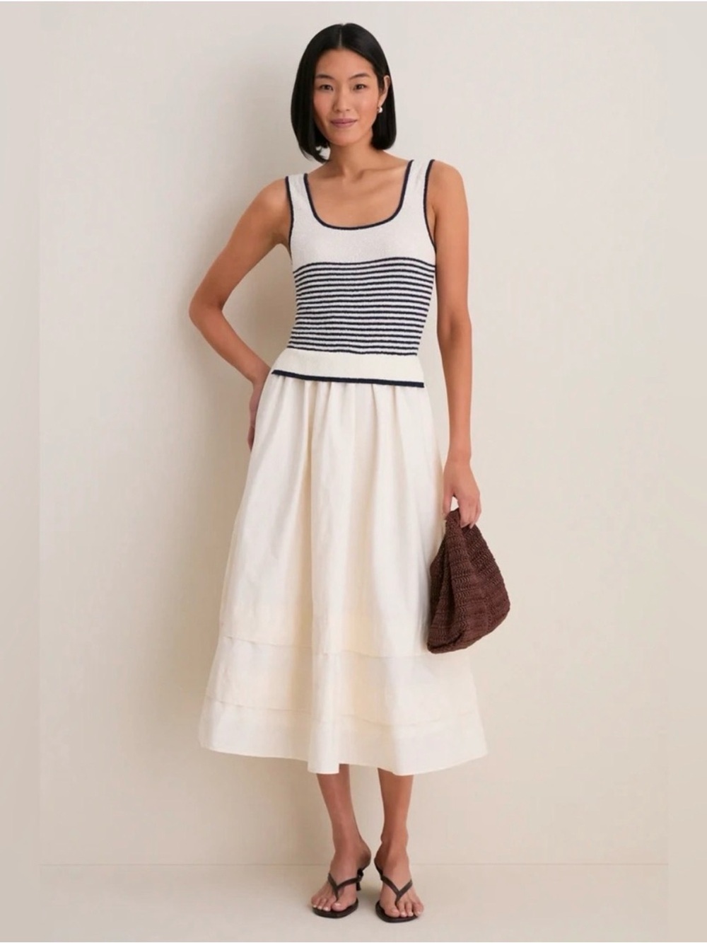 Moon River Cream Midi Dress with Navy Trim